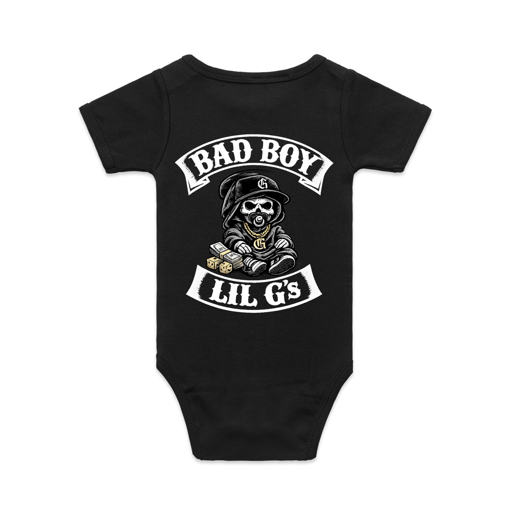 Lil G’s Tiny Biker Onesie — Black (Back Patch Edition)