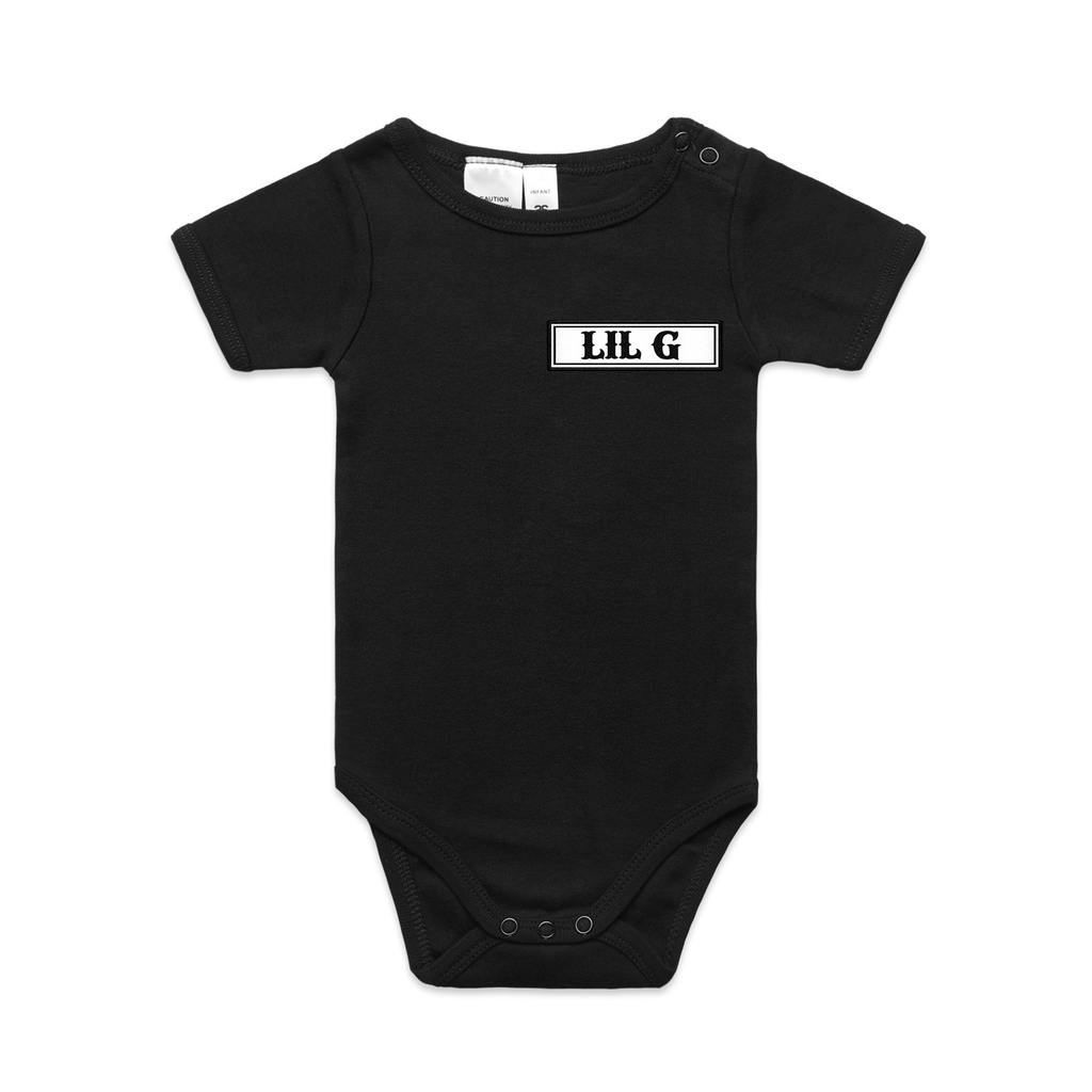 Lil G’s Tiny Biker Onesie — Black (Back Patch Edition)